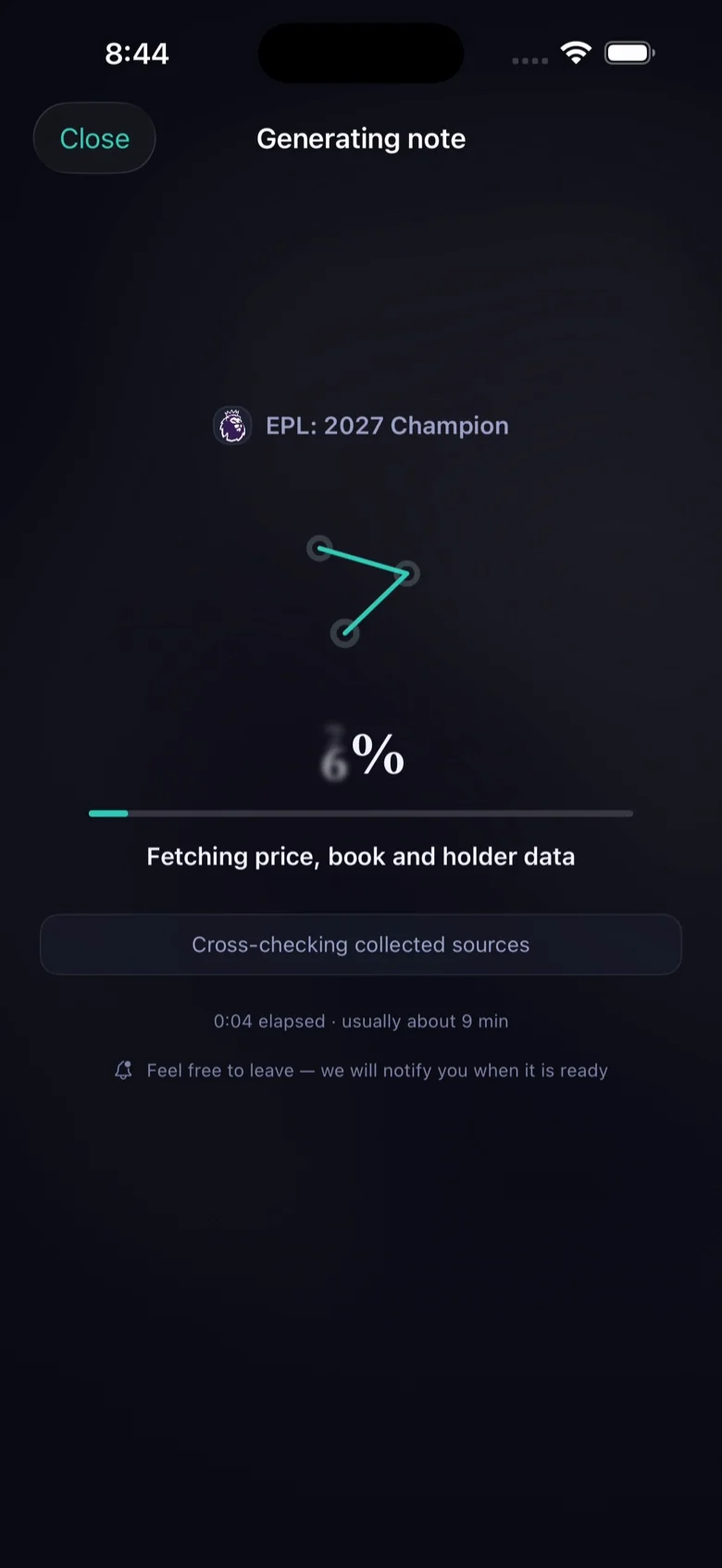 Omens generating a research note — progress climbs as you scroll